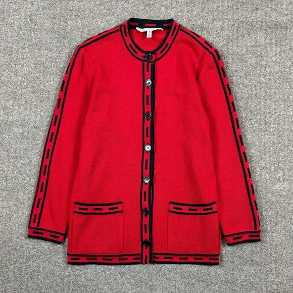 Vintage Tricoville Red Wool Blend Cardigan Sweater Women’s 8 Medium Black Trim - Picture 1 of 8